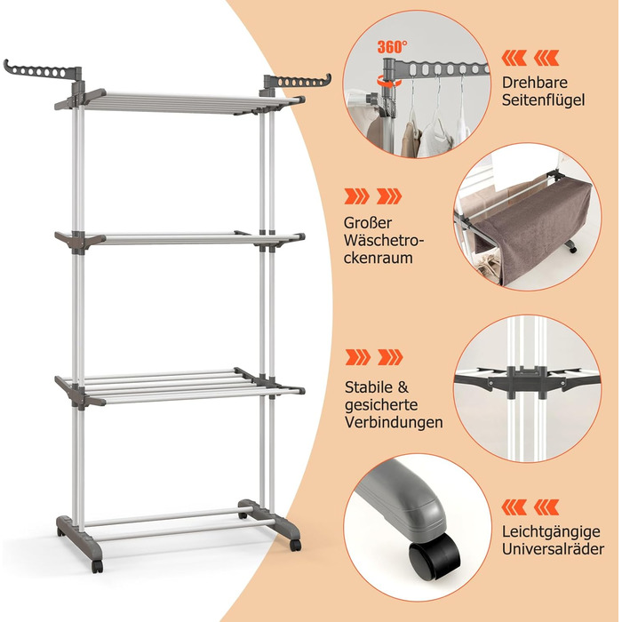 Стійка для білизни GOPLUS 4-ярусна розкладна з 2 тримачами для вішалок, 3 висувними полицями, полицею для взуття та 4 колесами для дому та вулиці (Сірий)
