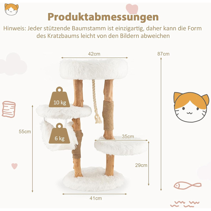 Кігтеточка для котів COSTWAY 87 см з гамаком, джутовим покриттям та м'якими сидіннями, дерев'яний кігтеточний комплекс, білий, 2 стовпчики