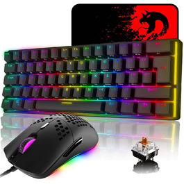 Ігровий комплект клавіатури та миші MK21: механічна клавіатура 60% з RGB підсвічуванням, миша 6400 DPI та килимок для миші. Сумісна з PS4, Xbox, PC. Чорний/Blue Switch (Black-Brown)