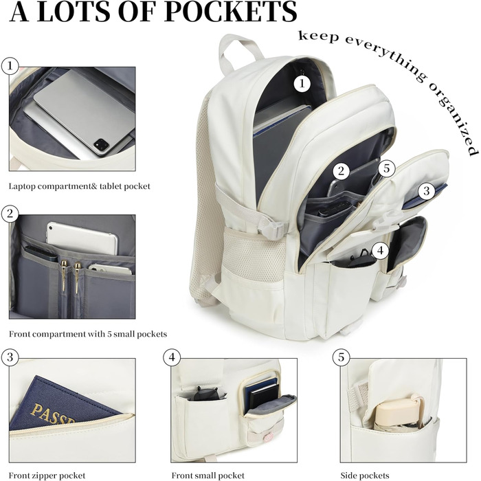 Шкільний рюкзак YAMTION для підлітків, 15.6 дюймів, для ноутбука, середньої школи, коледжу, стильний (Бежевий)