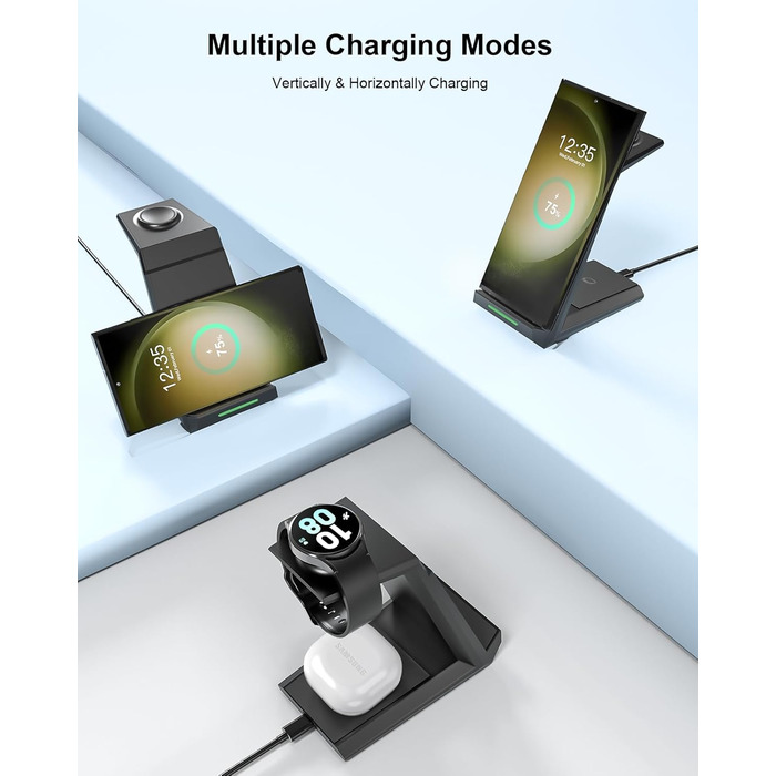 Зарядний пристрій NANAMI 3-в-1 для Samsung Galaxy Watch, Buds та смартфонів S25, S24, S23, Z Flip, Z Fold (чорний)