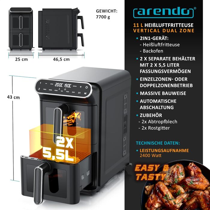 Фритюрниця Arendo з гарячим повітрям XXL Dual Zone з 2 камерами – 11 л – 2 зони – Airfryer з подвійними камерами та вікном – 6 програм – Без BPA – 3D циркуляція повітря – Функції Sync та Match A: 11 літрів