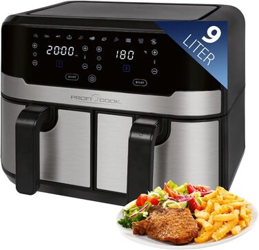 Подвійна аерофритюрниця ProfiCook 9 л XXL, 2400 Вт, 9 програм, сенсорне керування, чорний-нерж, без олії