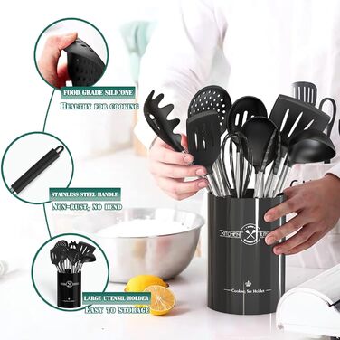 Набір силіконових кухонних приладь Umite Chef, 43 предмети, термостійкі кухонні аксесуари з нержавіючими ручками, чорний набір для антипригарного посуду