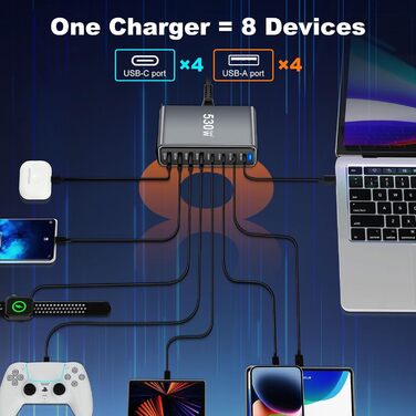 Зарядний пристрій USB-C 435W, 6 портів: для MacBook Pro/Air, iPad Pro/Air, Samsung та інших – чорний