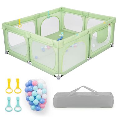 LIFEZEAL Playpen Baby 189 x 158 cm, Safety Play Area Children's Playpen with Super Soft, Foldable Baby Playpen made of Oxford Cloth with Handbag, 50 Ocean Balls, 4 Toddler Rings (Green)