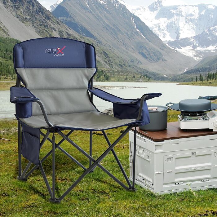 Крісло для кемпінгу складне RELAX FIELD 200KG з підстаканником та сумкою-холодильником, блакитне, 2 шт.
