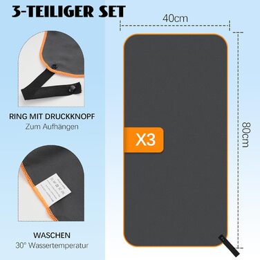 Набір з 3 рушників з мікрофібри (40x80 см) – швидковисихаючі, компактні спортивні рушники для подорожей, басейну, фітнесу, пляжу та спорту