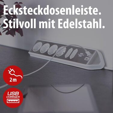 Бренненштуль Estilo Розподільний блок розеток кутовий 6-фазний (настільна розетка з поверхнею з нержавіючої сталі для кухні/офісу, 4 розетки з заземленням, 2 розетки Euro, 2 USB) Срібно/білий USB A срібно/білий