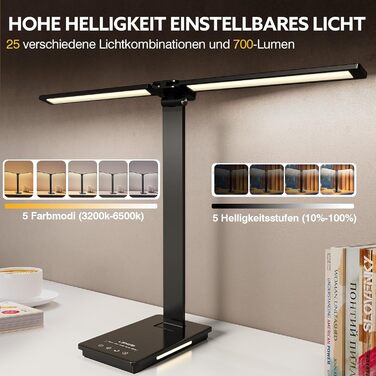 LED лампа настільна LENDOO з двома головками, регульована яскравість 700 люмен, 5 рівнів регулювання, 5 колірних режимів, USB-порт для зарядки та вбудований акумулятор 2000mAh, для дітей, спальні, читання, чорна