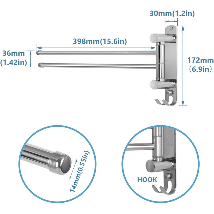 Тримач для рушників настінний поворотний 180° з нержавіючої сталі, 4-х вільний, з регульованою поличкою для ванної, кухні та гардеробу. Сріблястий колір