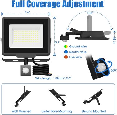LED Floodlight Outdoor, IP65 Waterproof Outdoor Light LED Floodlight 30000LM Spotlight Floodlight, Outdoor Floodlight for Backyard, Garden, Workshop, Yard, Driveway, Doors, Garage, Hallway (Cool White with Sensor, 50W)