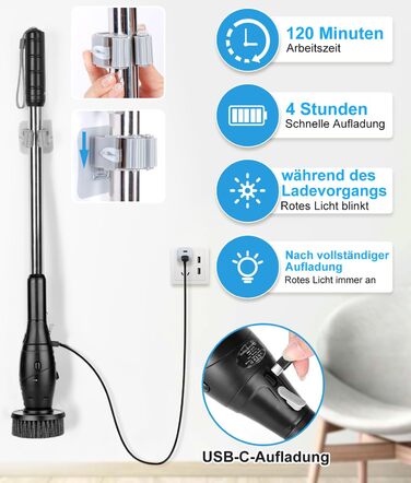 WADEO Electric Cleaning Brush, 17-in-1 Electric Cleaning Brush with Replaceable Brush Heads and Adjustable Handle, Electric Scrub Brush for Bathroom, Kitchen, Car, Tiles, Floor (Black)