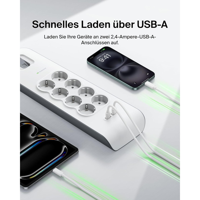 Мережевий фільтр Belkin з 8 розетками, захистом від перенапруги та USB-портами (2.4A), 2 м кабелю, для дому та офісу