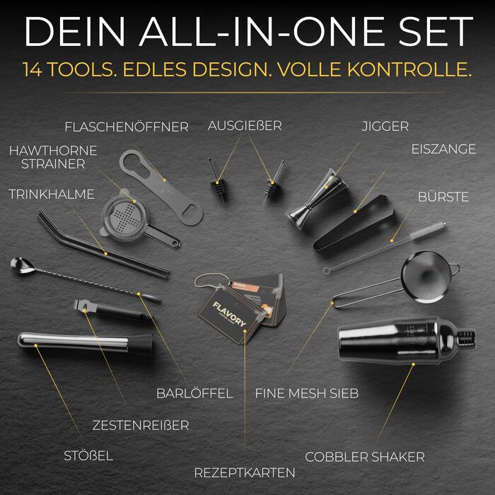 Набір для коктейлів Schwarz: 14 предметів, шейкер Cobbler 700мл, аксесуари та рецепти. Ідеальний барний набір для початківців та професіоналів.