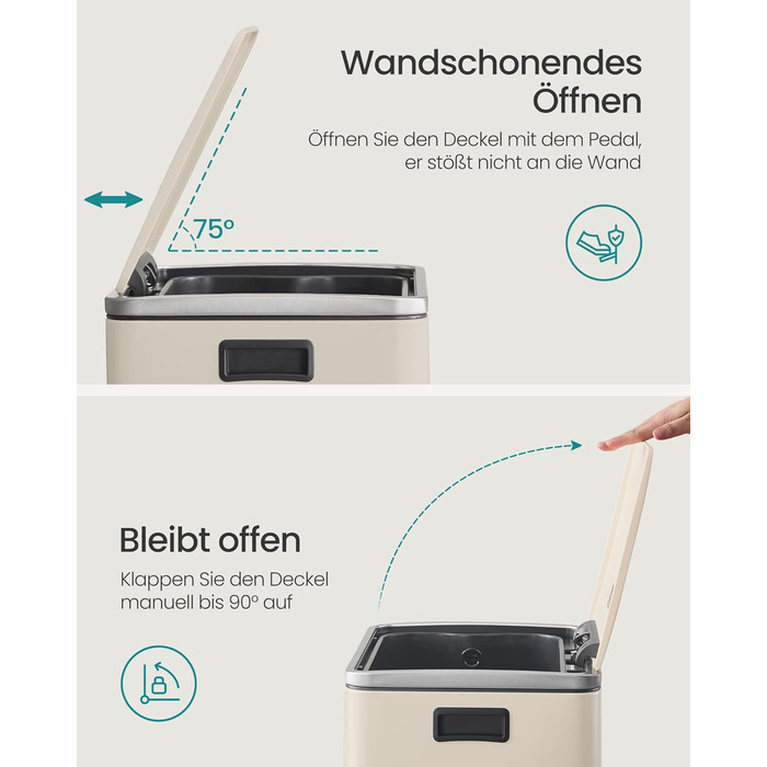 Відро для сміття SONGMICS 50 л, нержавіюча сталь, знімний внутрішній відро, Soft-Close, з кришкою та ручками, кремовий (LTB595E01)