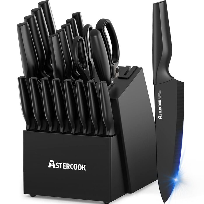 Набір кухонних ножів Astercook (21 предмет) з підставкою та вбудованим точилом, німецька нержавіюча сталь, чорний колір, придатні для посудомийки