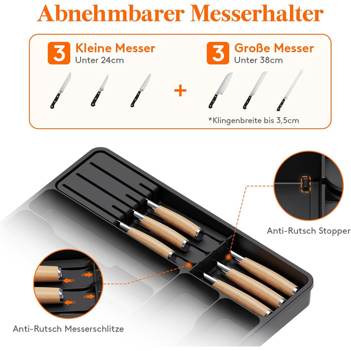 Органайзер для столових приборів Lifewit в шухляду, розсувний, з відділенням для ножів (40 см), чорний