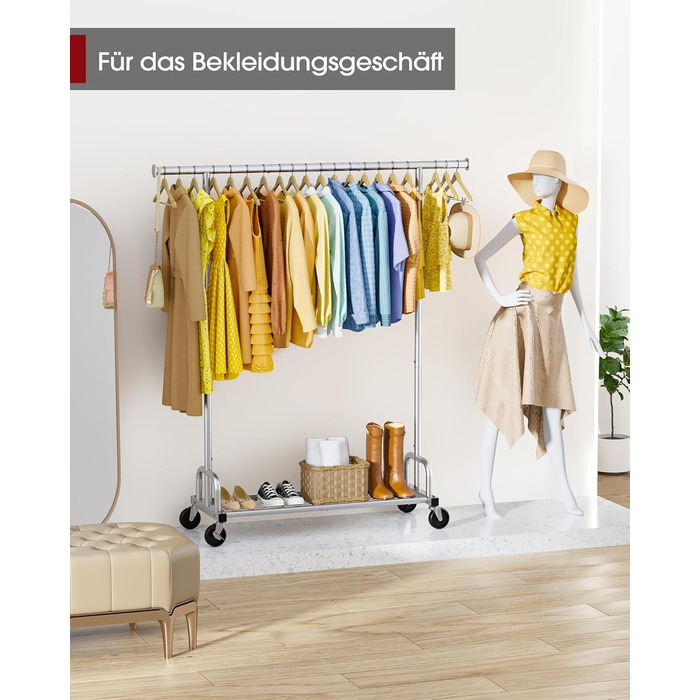 Вешалка для одягу на колесах, з полицею та широкою перекладиною, 116 x 43 x 150 см, сріблястого кольору