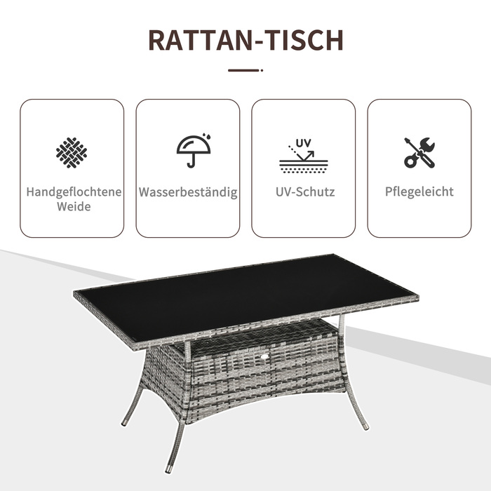 Столовий набір Outsunny з ротангу Polyrattan, скляний стіл 150x85x74 см із захисним склом сірого та чорного кольорів для саду, балкону, тераси