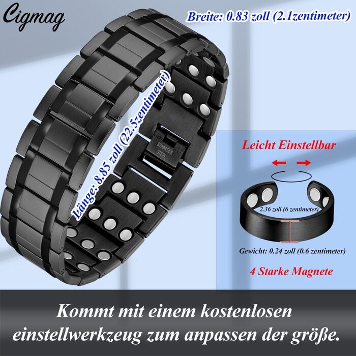 Браслет для лімфодренажу чоловічий з магнітами, титан, регульований, з інструментом для зняття та подарунковою коробкою (Чорний) (3 ряди)