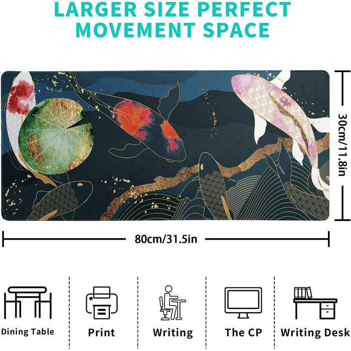 Японський килимок для миші з хвилями океану, великий ігровий килимок з аніме, подовжений килимок на стіл Канагава, товщина 3 мм, неслизька гумова основа, 80 x 30 см (Кої-карп)