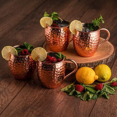 Moscow Mule Mug Set - 4 x 500 ml Copper Mug Set with Stainless Steel Interior - Cocktails, Iced Coffee, Lemonade & Gin Copper Mugs - 4 Straws, 4 Coasters, Jigger & Cleaning Brush