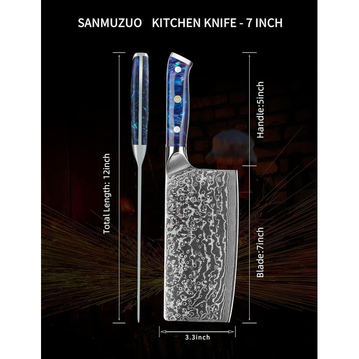 SANMUZUO Nakiri Messer 19 см - професійний ніж шеф-кухаря Дамаск, серія Xuan, VG10 сталь, ручка з гірської смоли (Dream Orange)