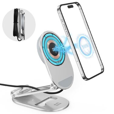 Магнітна бездротова зарядна станція Minthouz 20W USB-C: регульована підставка з алюмінію для iPhone 16, 15, 14, 13, 12 та AirPods Pro