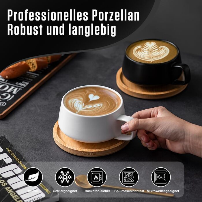 Набір з 4 чашок капучино з блюдцями, 320 мл, кераміка, для капучино, лате, американо та чаю, білий