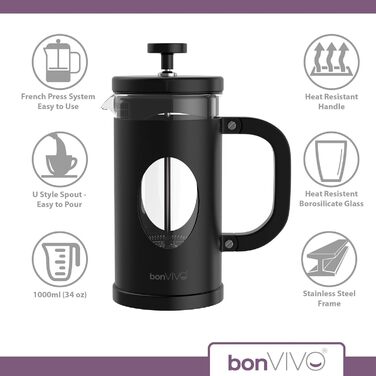 bonVIVO GAZETARO - Френч-прес для кави, 8 чашок, чорний, скло та нержавіюча сталь