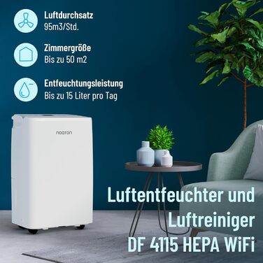 Noaton® DF 4115 WiFi: Зволожувач та очищувач повітря HEPA, 15л/24г, 5 режимів, тихий, з таймером, Wi-Fi, 3 роки гарантії, для приміщень до 50 м²