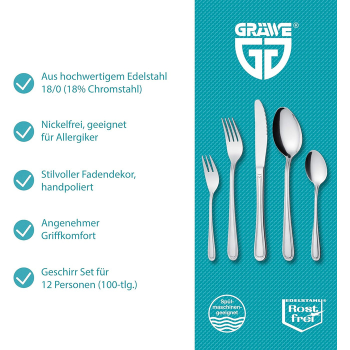 GRÄWE Cutlery Set for 12 People, Stainless Steel, 100-Piece Dinnerware Set, Nickel-Free, Rust-Proof, Hand-Polished, Dishwasher-Safe - Salzburg Series