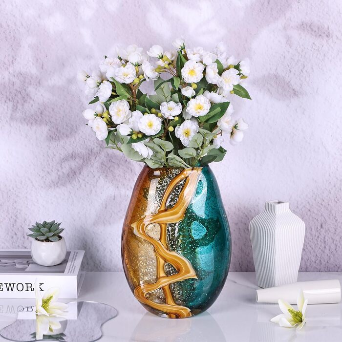PlivBloom Blue-Green Glass Heads - Hand Blown Murano Glass Flower Vase Decor for Bookshelf & Living Room