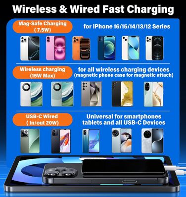 Power Bank MagSafe 5000mAh з підтримкою PD 20W та QC 3.0 - Білий/Чорний. Швидка зарядка, USB-C, для iPhone 17/16/15/14/13