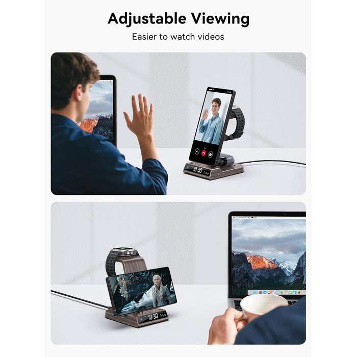 Бездротовий зарядний пристрій 3-в-1 для Samsung Galaxy S25 Ultra, Watch 8/7/Ultra, Buds, з цифровим годинником (дерев'яна текстура)