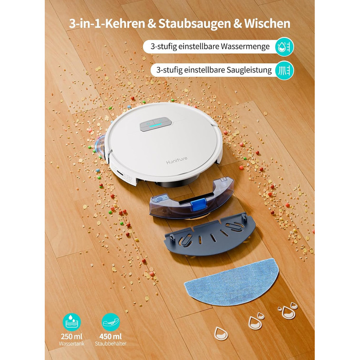 Робот-пилосос HONITURE G20 з функцією миття підлоги, 4000Pa, 3-в-1, для тварин, килимів, твердих підлог, з голосовим керуванням та пультом дистанційного керування, білий