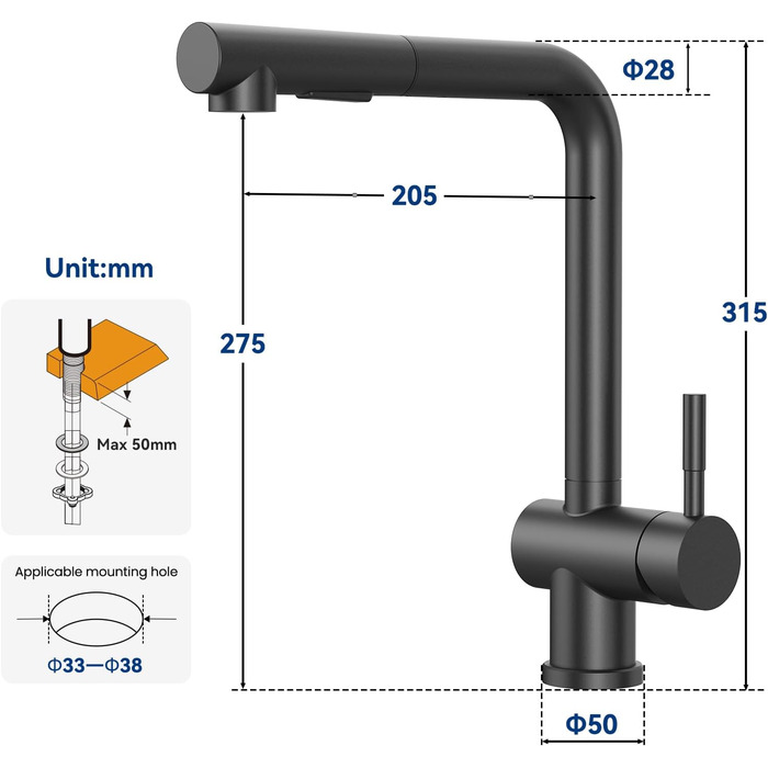 Кран кухонний CECIPA Hochdruck, висувна насадка, двосторонній струмінь, поворотний 360°, з нержавіючої сталі, чорний матовий, ×207B L-подібний, ×2