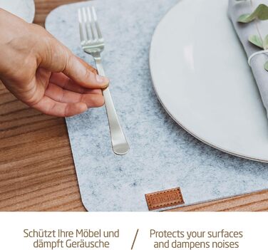 MIQIO® Design Felt Placemats Washable | With Branded Genuine Leather Label | Washable Placemats | Light Gray Melange | Felt Mat Placemats Wipeable (Set for 8 People)