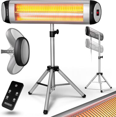 Інфрачервовий обігрівач MONZANA® MZH2501 з таймером, 2500W, 3 режими, 24 год, пульт ДУ, кут нахилу 90°, електричний, для тераси (сріблястий, з телескопічним штативом)