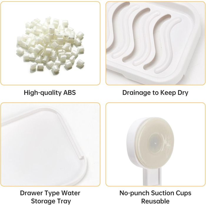 Тримач для мила настінний з піддоном для води, без свердління, з ящиком, з пластику, білий