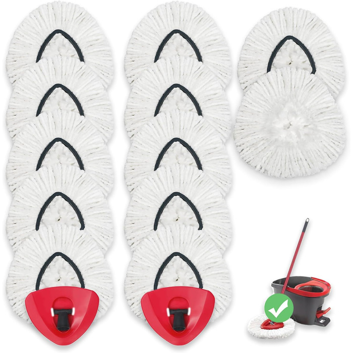 12 EasyWring rotating mop heads, microfiber pop replacement heads, 2 rotating mop covers. Microfiber mop heads can easily remove and absorb stubborn dirt.