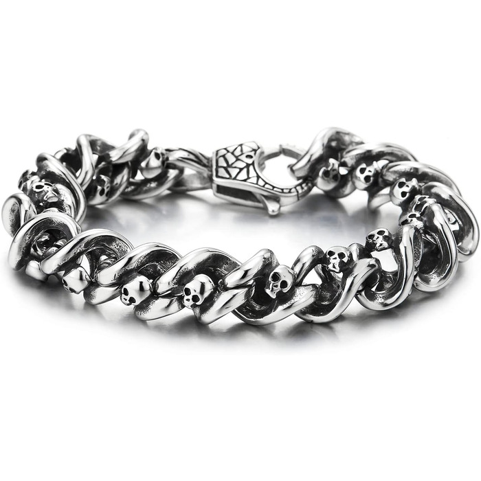 Браслет чоловічий COOLSTEELANDBEYOND з готичним черепом та ланцюгом, нержавіюча сталь, сріблястий колір