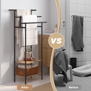 Стійка для рушників EUGAD з 3 полицями, чорна, з металу та ДСП, для рушників та одягу