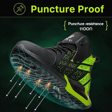 Зручні та безпечні робочі черевики для чоловіків та жінок. Дихаючі, з металевим носком, антиковзаюча підошва, спортивний дизайн, розміри 37-46 EU, колір зелений.