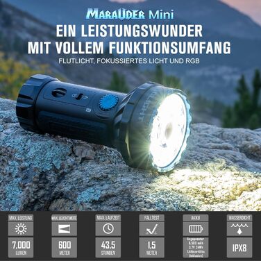 OLIGHT Marauder Mini LED ліхтар Super Hell 7000 Lumen, 600 метрів, перезарядна модель з прожектором та світловим потоком, 3 кольори LED з датчиком відстані, для активного відпочинку (чорний)