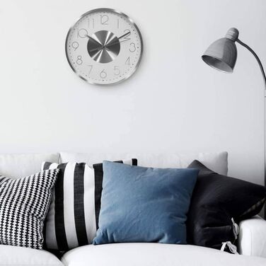 Modern Silent Aluminum Wall Clock, 30 cm Diameter, No Ticking Sounds, for Living Room, Bedroom, and Office (Silver White)