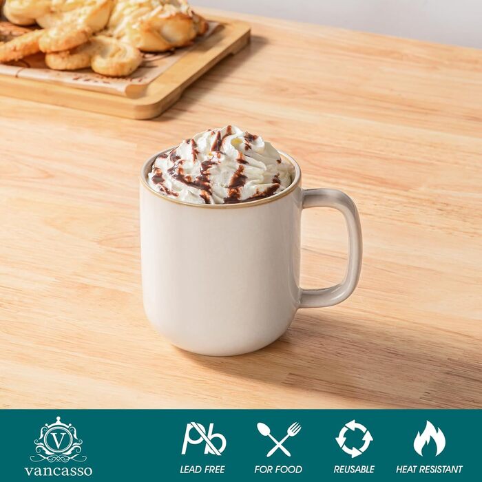 Набір кавових чашок Vancasso PLAYA, 6 шт, 480 мл, з ручкою, з кераміки, для мікрохвильовки та посудомийної машини, бежевий