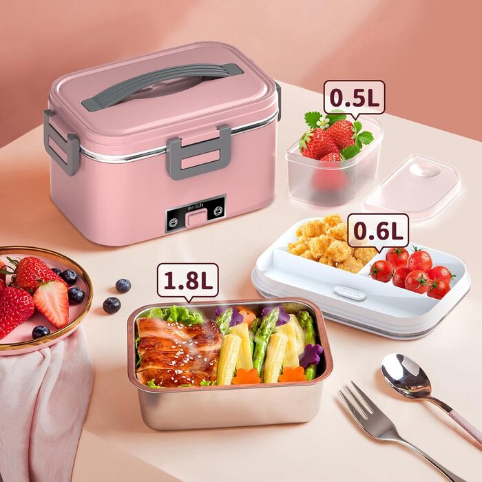 Electric Lunch Box 100W, 3-in-1 Portable Heated Lunch Box, Removable Stainless Steel Lunch Container, 12V/24V/220V Insulated Food Warmer for Car/Truck/Office, With Insulated Bag and Sponge (Pink, 1.8 L)