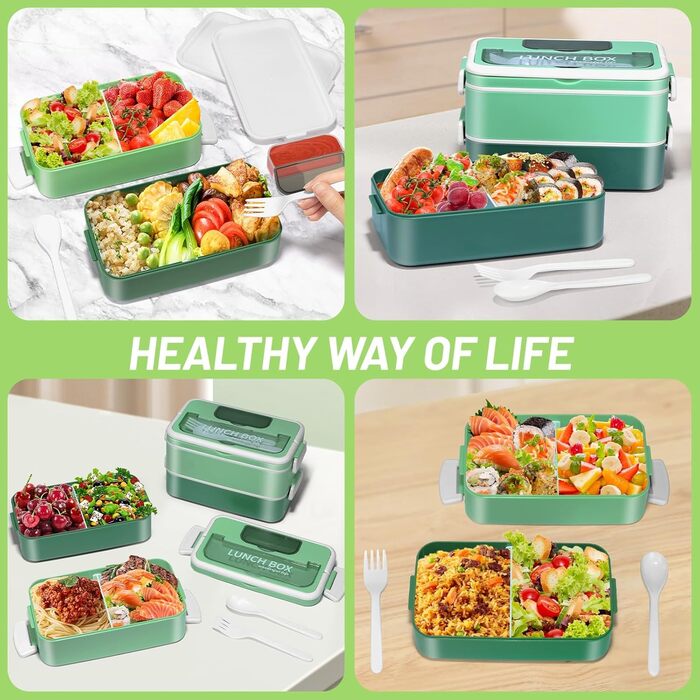 Anykuu Lunchbox 1600ML Lunchbox with 2-4 Flexible Compartments Bento Box with Spoon, Fork & Spice Box Lunchbox for Kids for Microwave, Dishwasher Lunchbox Kids for School, Work, Picnic, Green
